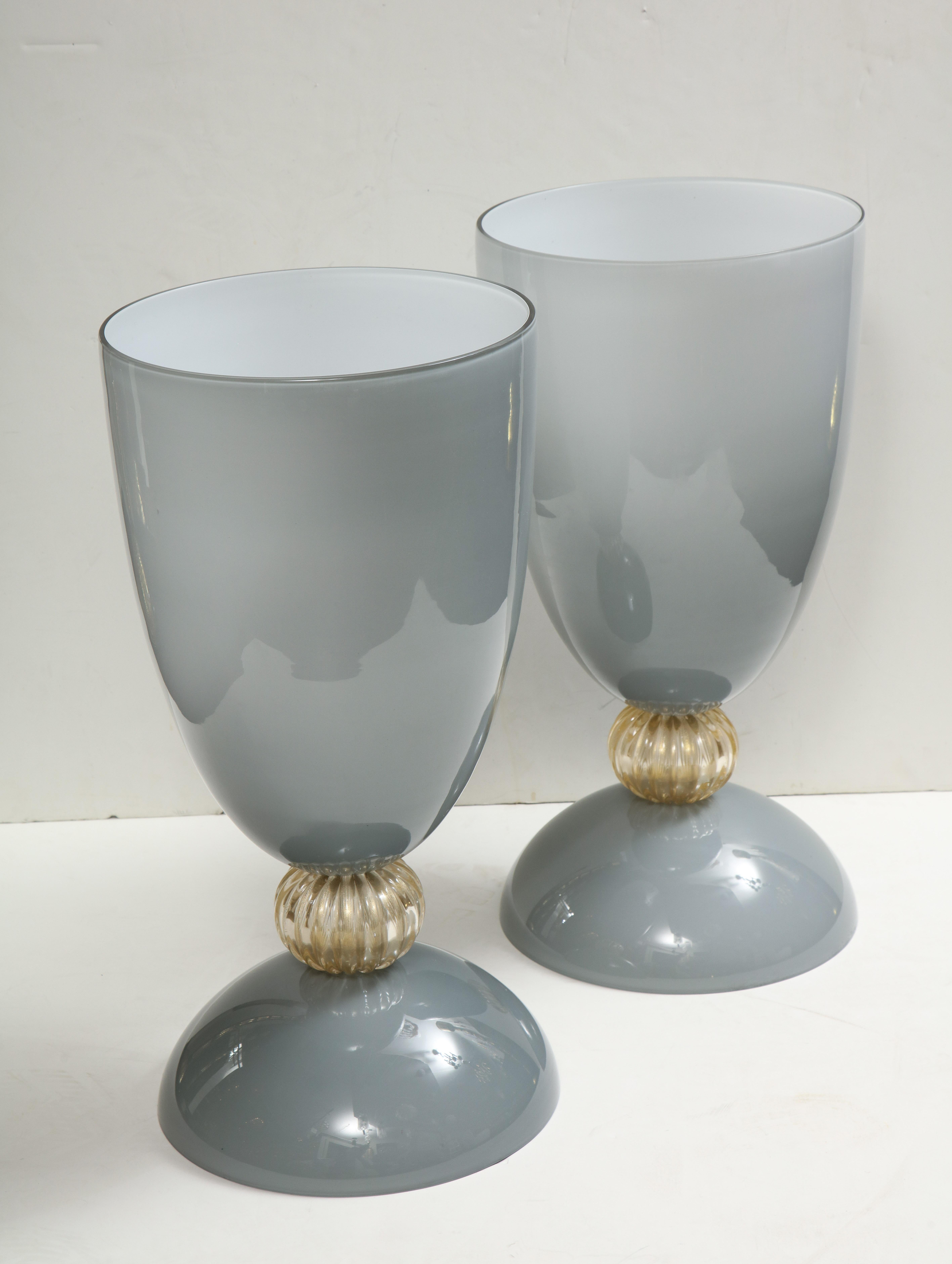 Italian Pair of Grey Incamiciato and Gold Aventurina Murano Glass Vases