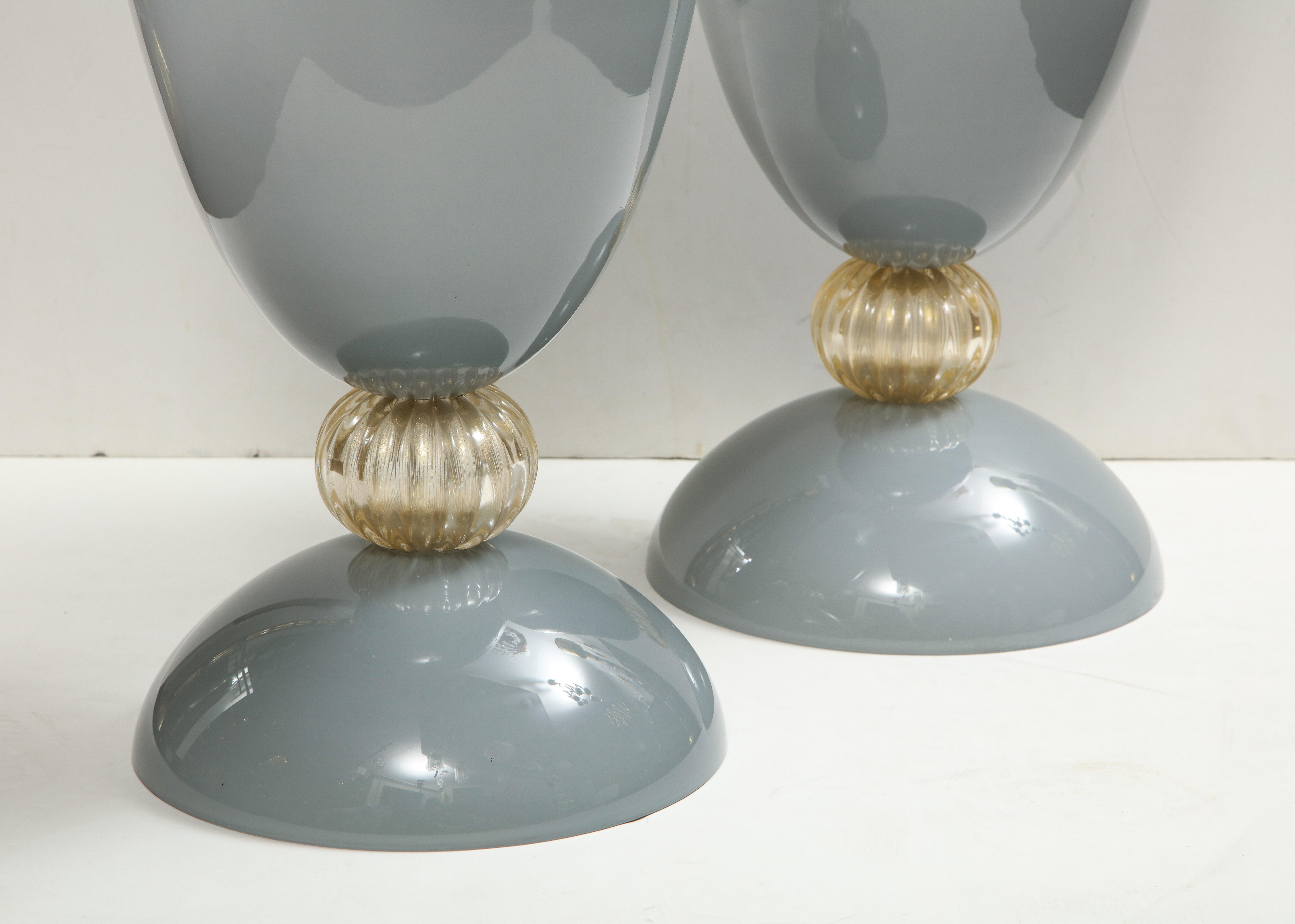 Contemporary Pair of Grey Incamiciato and Gold Aventurina Murano Glass Vases