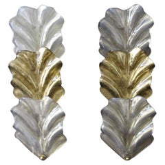 Pair of Gold and Pearly White Murano Glass Leaf Sconces in Barovier Style