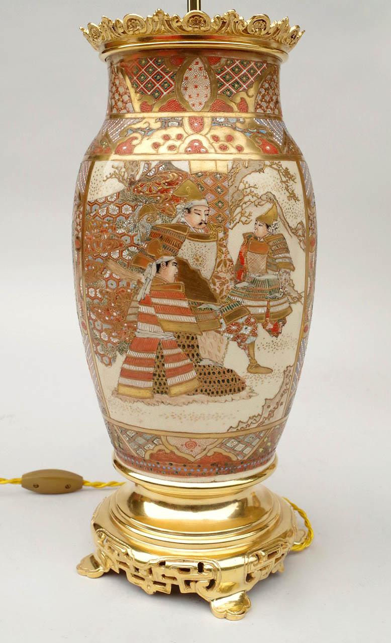 Asian Pair of Gold and Polychrome Enameled Satsuma Faience Lamps, Late 19th Century