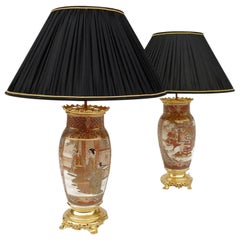 Antique Pair of Gold and Polychrome Enameled Satsuma Faience Lamps, Late 19th Century