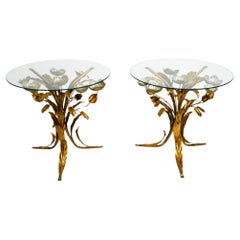 Pair of gold and silver plated 60s Florentine side tables with solid glass tops