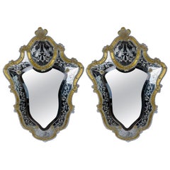 Pair of Gold and White Venetian Shield Form Glass Mirrors
