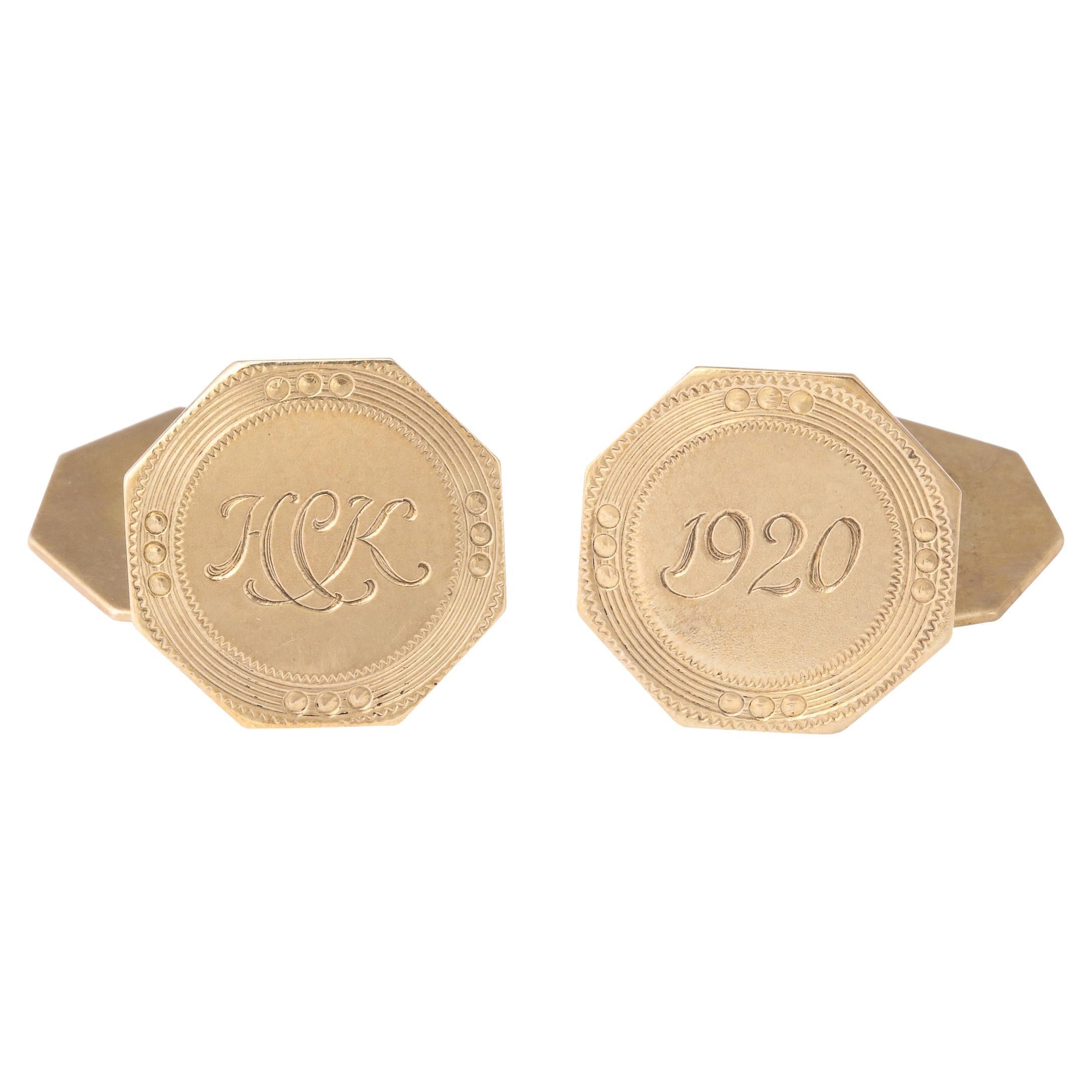 Pair of Gold Art Deco Monogrammed Cufflinks For Sale