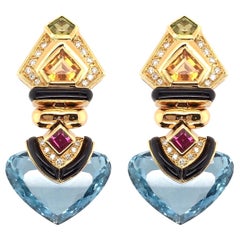 Pair of Gold, Blue Topaz, Pink Tourmaline, Citrine, Peridot and Diamond Earrings