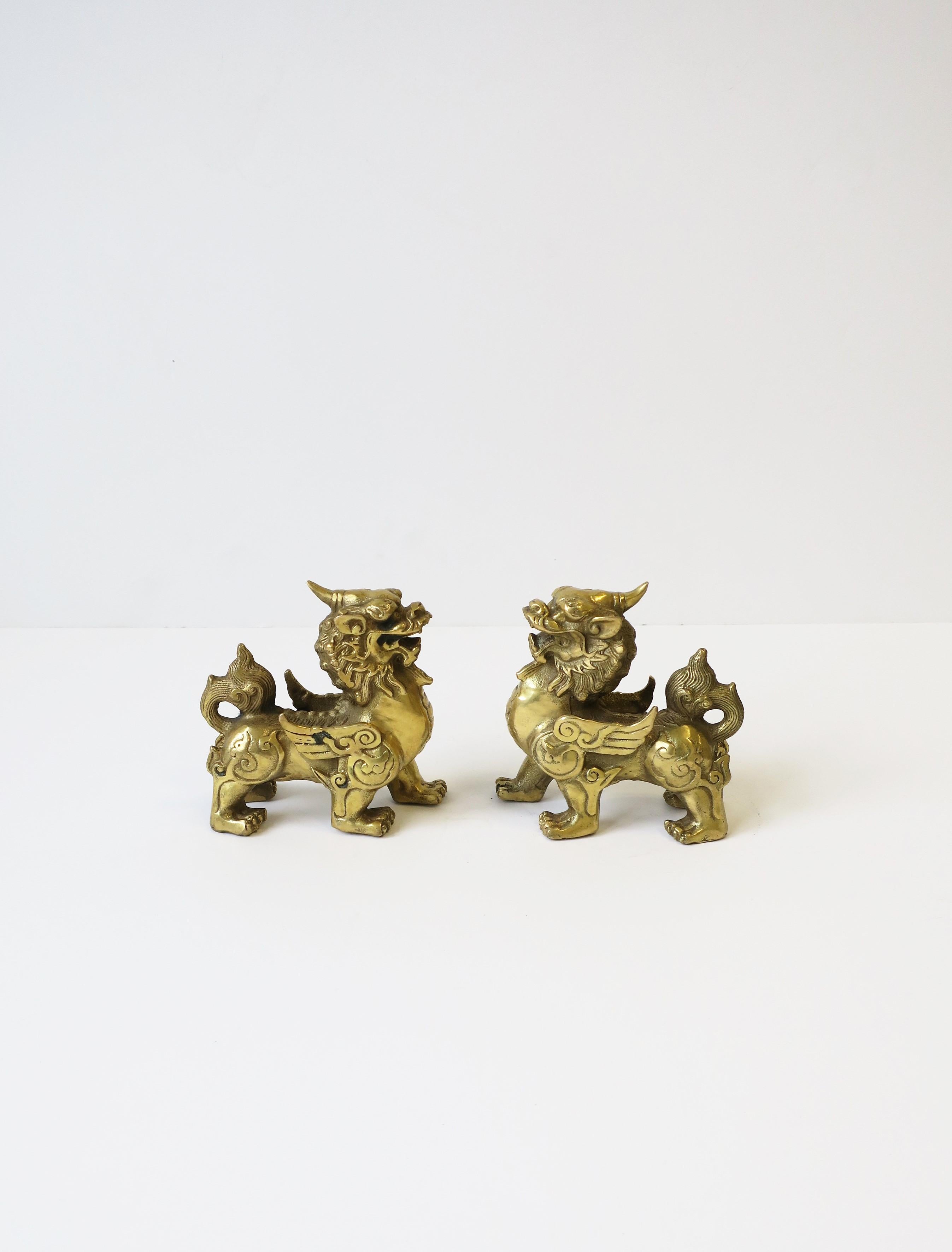 Chinoiserie Gold Brass Lion Foo Dogs, Pair