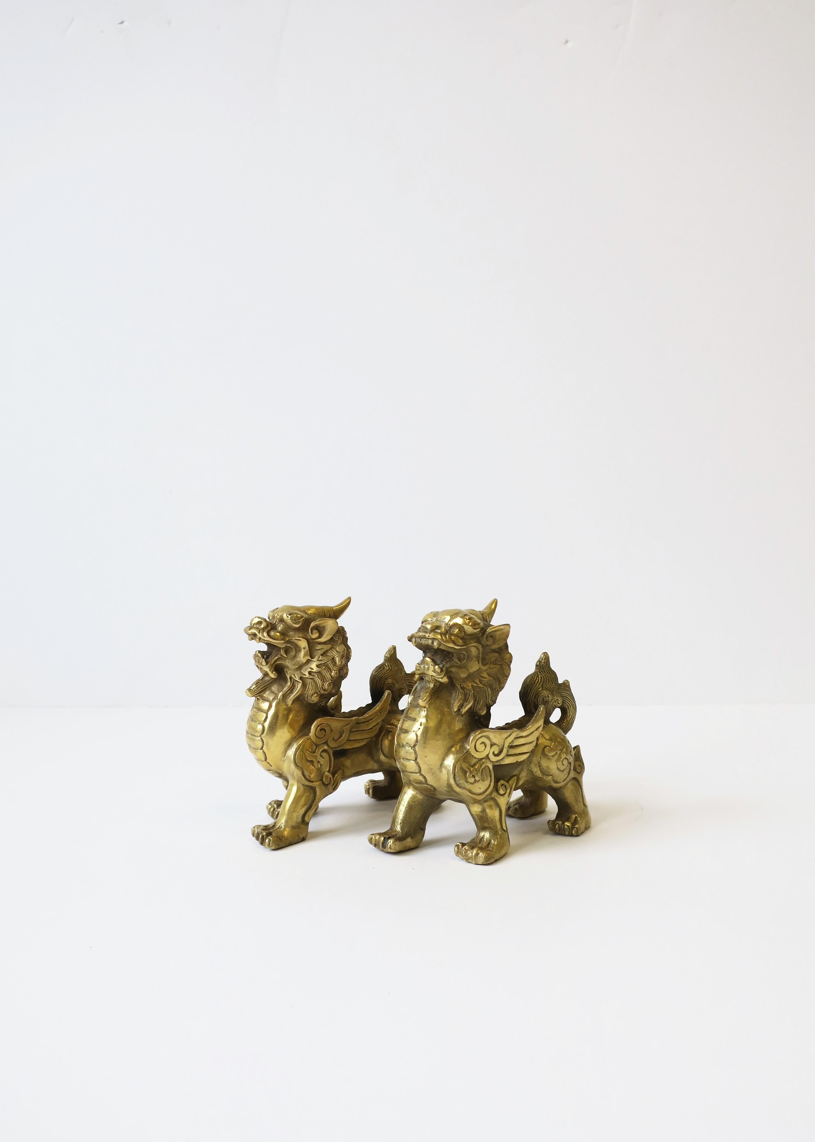 Asian Gold Brass Lion Foo Dogs, Pair