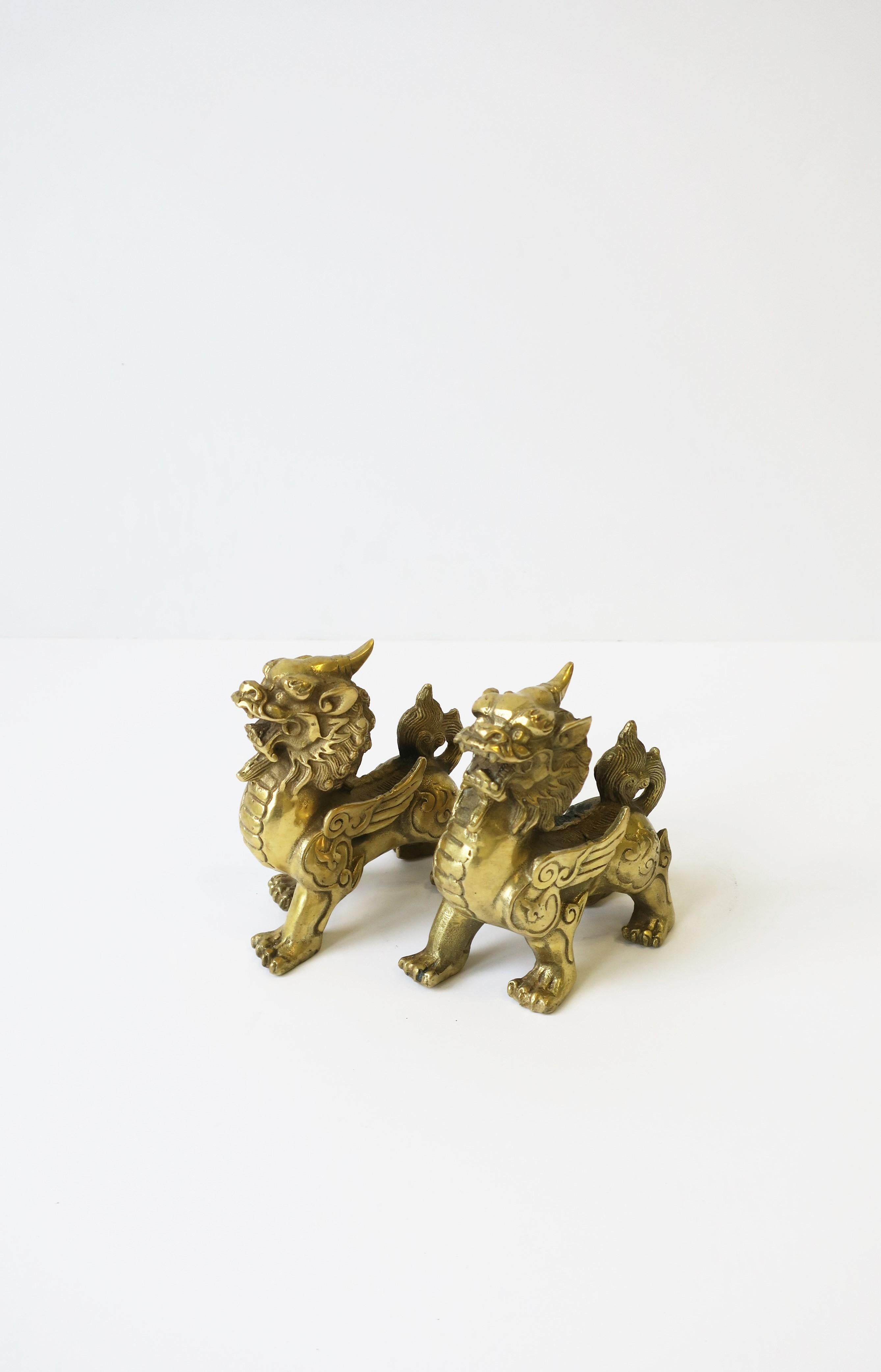 20th Century Gold Brass Lion Foo Dogs, Pair