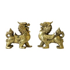 Gold Brass Lion Foo Dogs, Pair