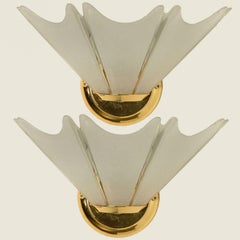 Pair of Gold Brass Leafs Opaline Wall Lights in the style of Hillebrand, 1970