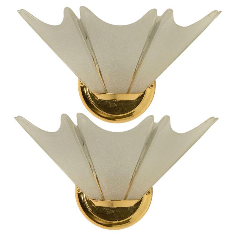 Pair of Gold Brass Leafs Opaline Wall Lights in the style of Hillebrand, 1970 im Angebot