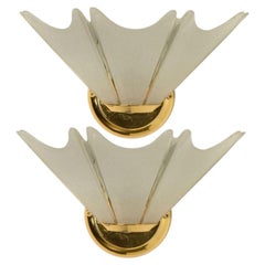 Pair of Gold Brass Leafs Opaline Wall Lights in the style of Hillebrand, 1970