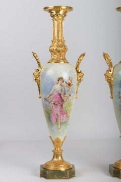 Pair of Gold Bronze, Painted Porcelain and Onyx Vases