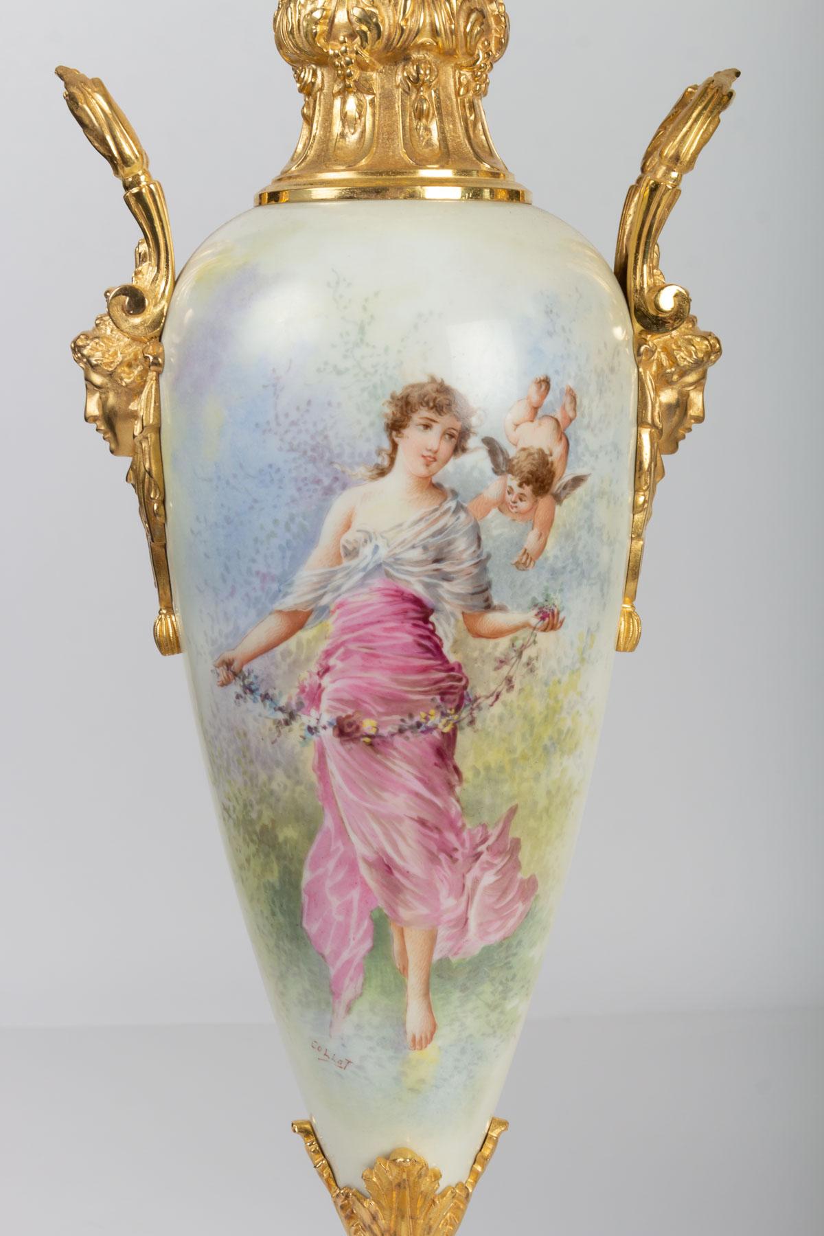 Napoleon III Pair of Gold Bronze, Painted Porcelain and Onyx Vases