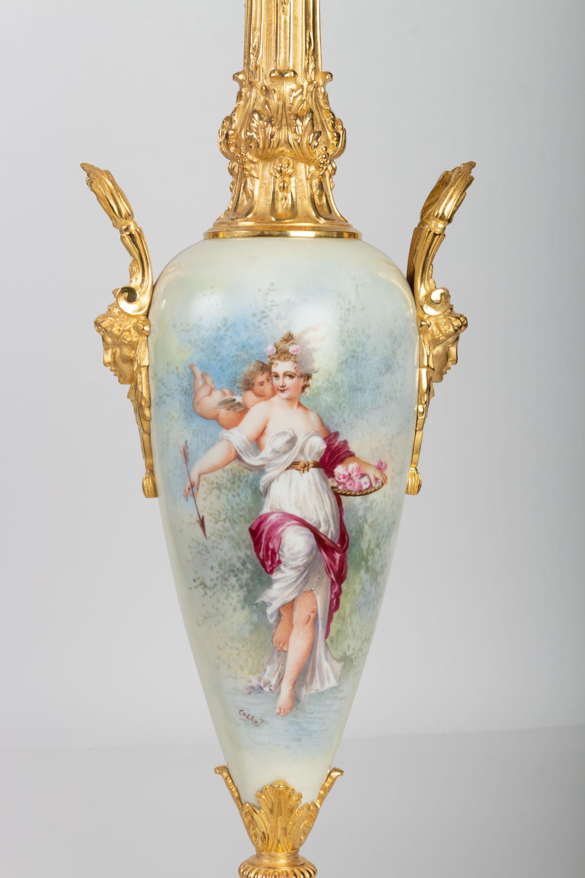 French Pair of Gold Bronze, Painted Porcelain and Onyx Vases