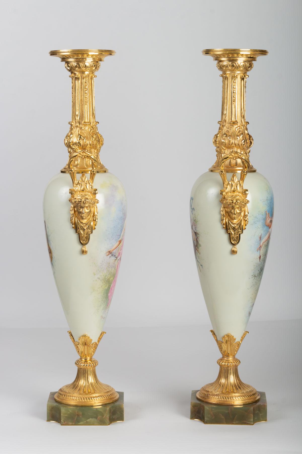 Gilt Pair of Gold Bronze, Painted Porcelain and Onyx Vases