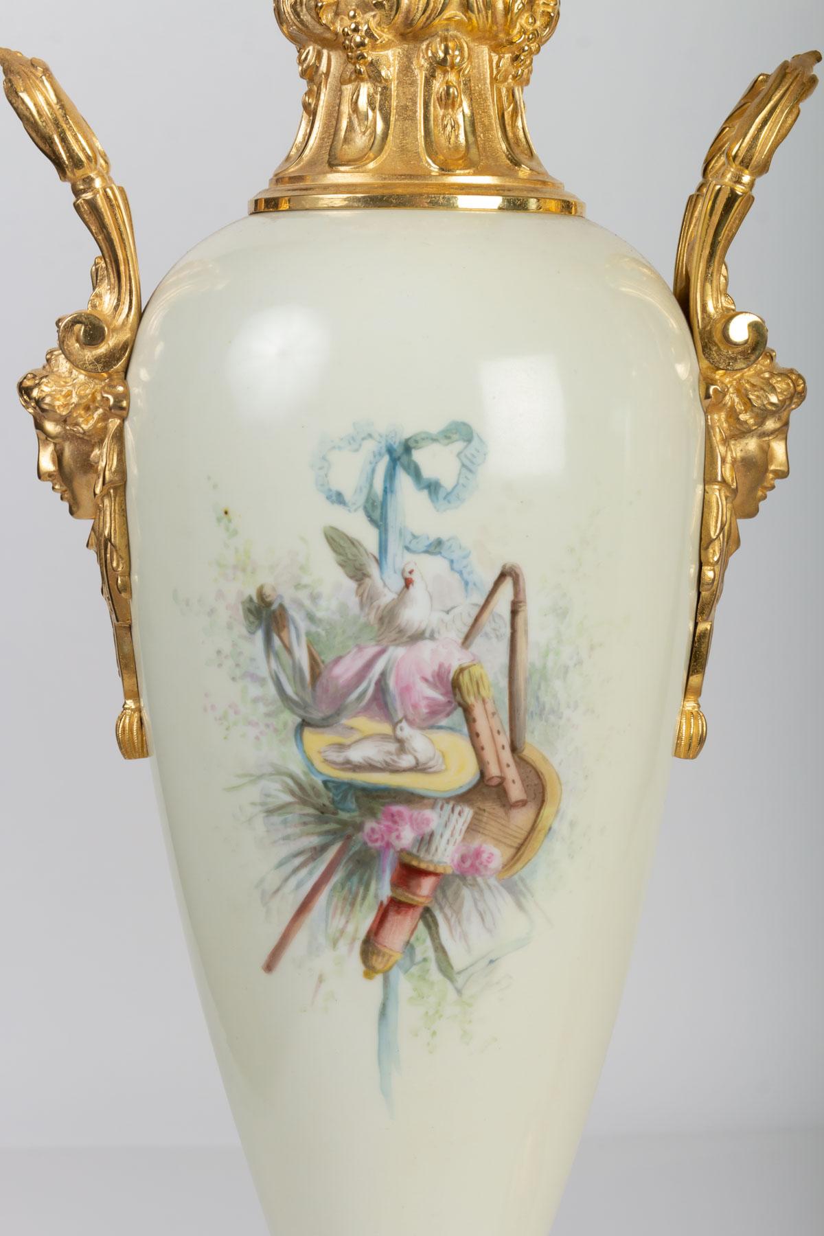 19th Century Pair of Gold Bronze, Painted Porcelain and Onyx Vases