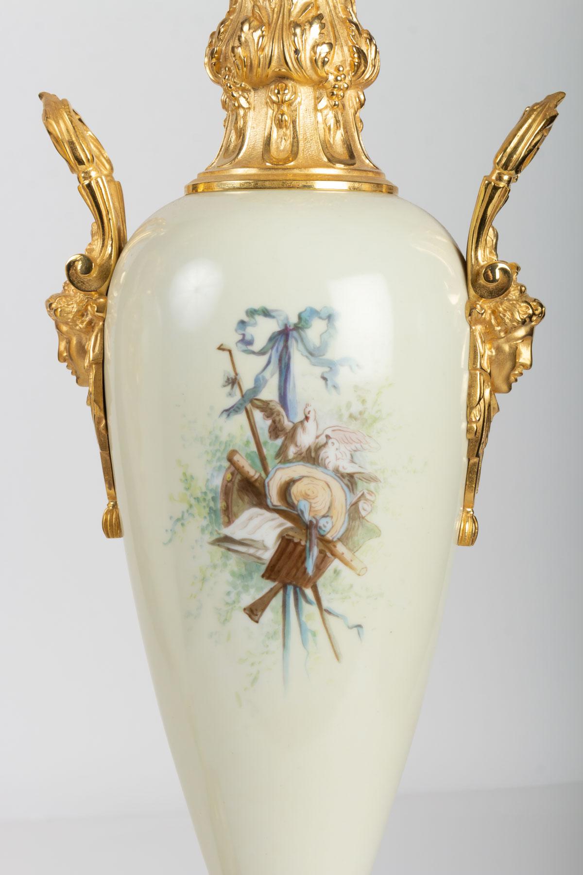 Pair of Gold Bronze, Painted Porcelain and Onyx Vases 1