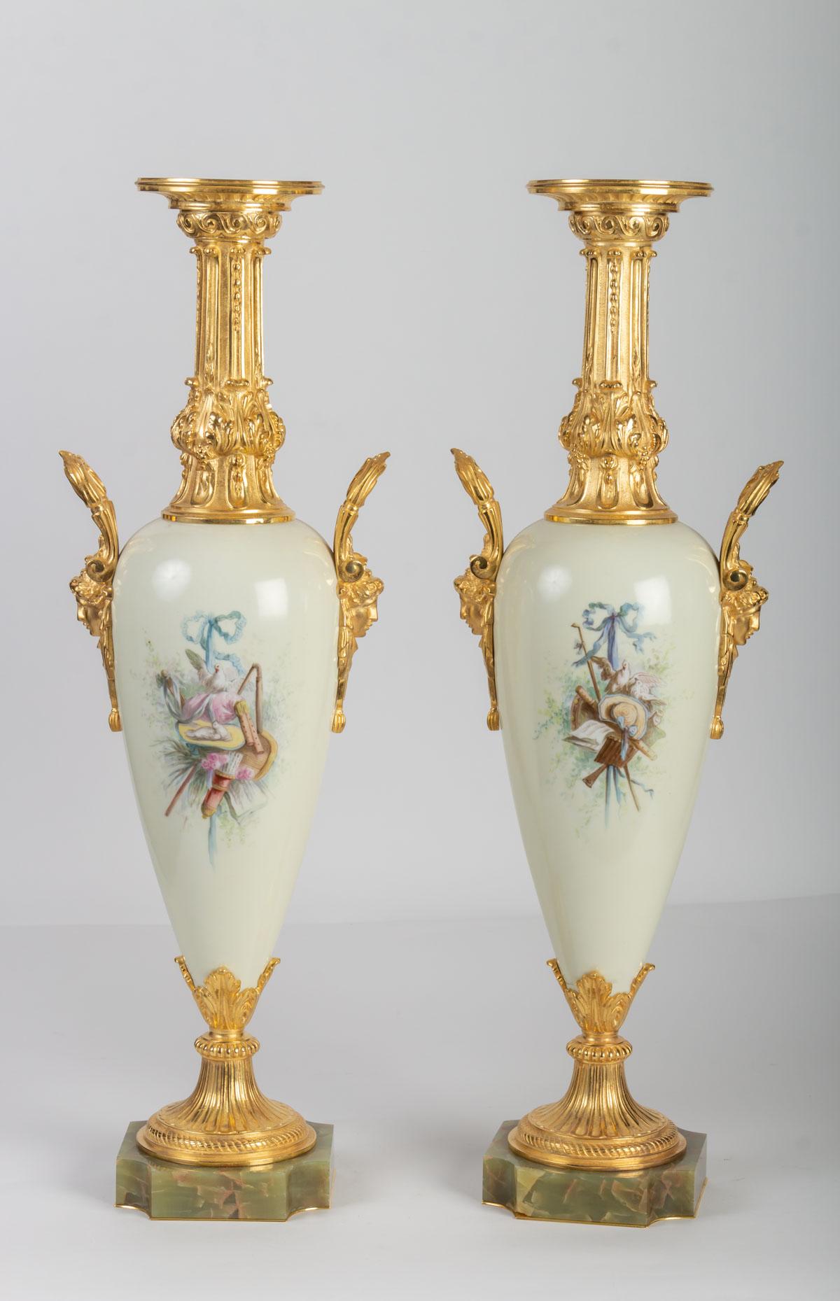Pair of Gold Bronze, Painted Porcelain and Onyx Vases 2