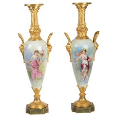 Pair of Gold Bronze, Painted Porcelain and Onyx Vases