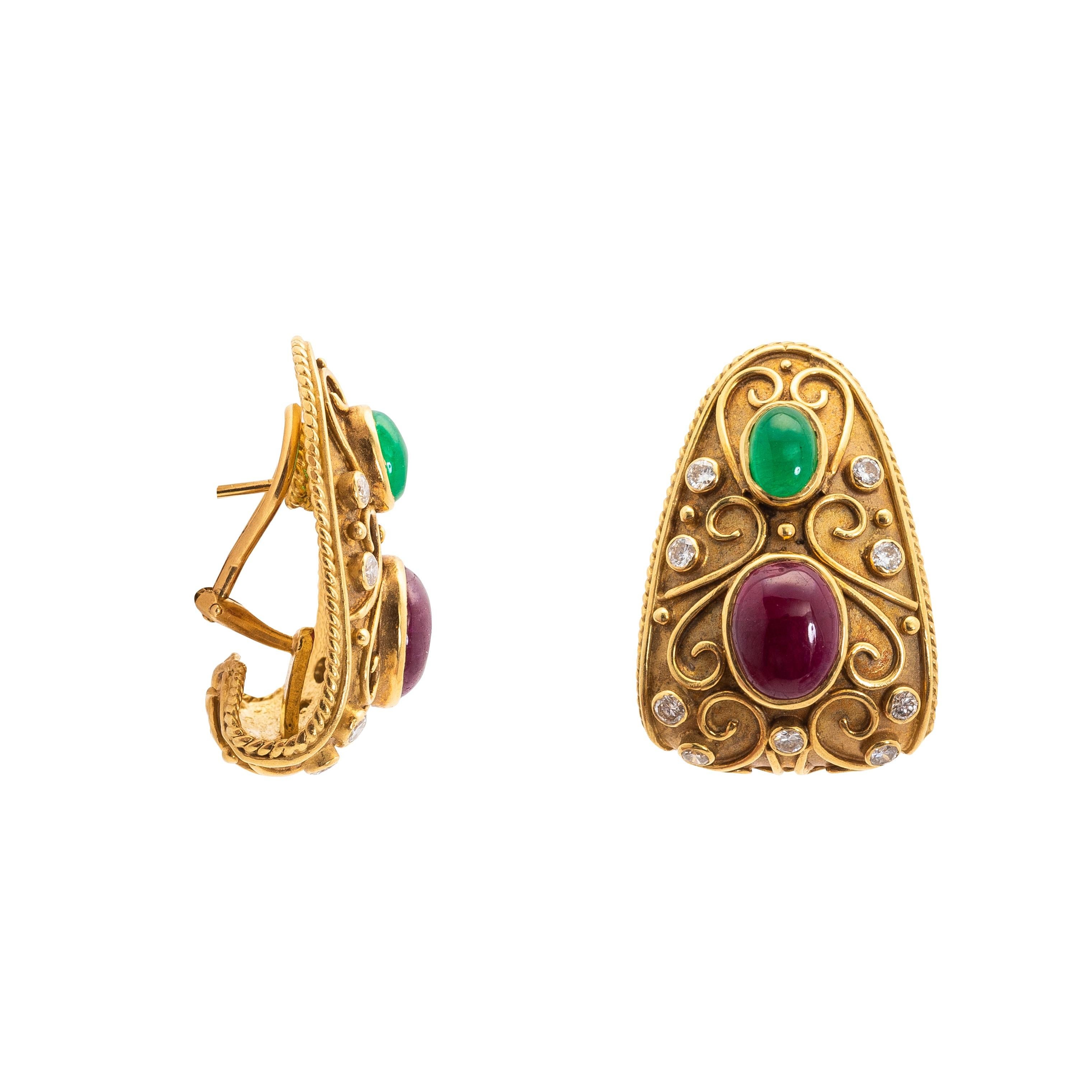 Pair of Gold, Cabochon Ruby, Emerald and Diamond Earrings In Good Condition For Sale In Palm Beach, FL