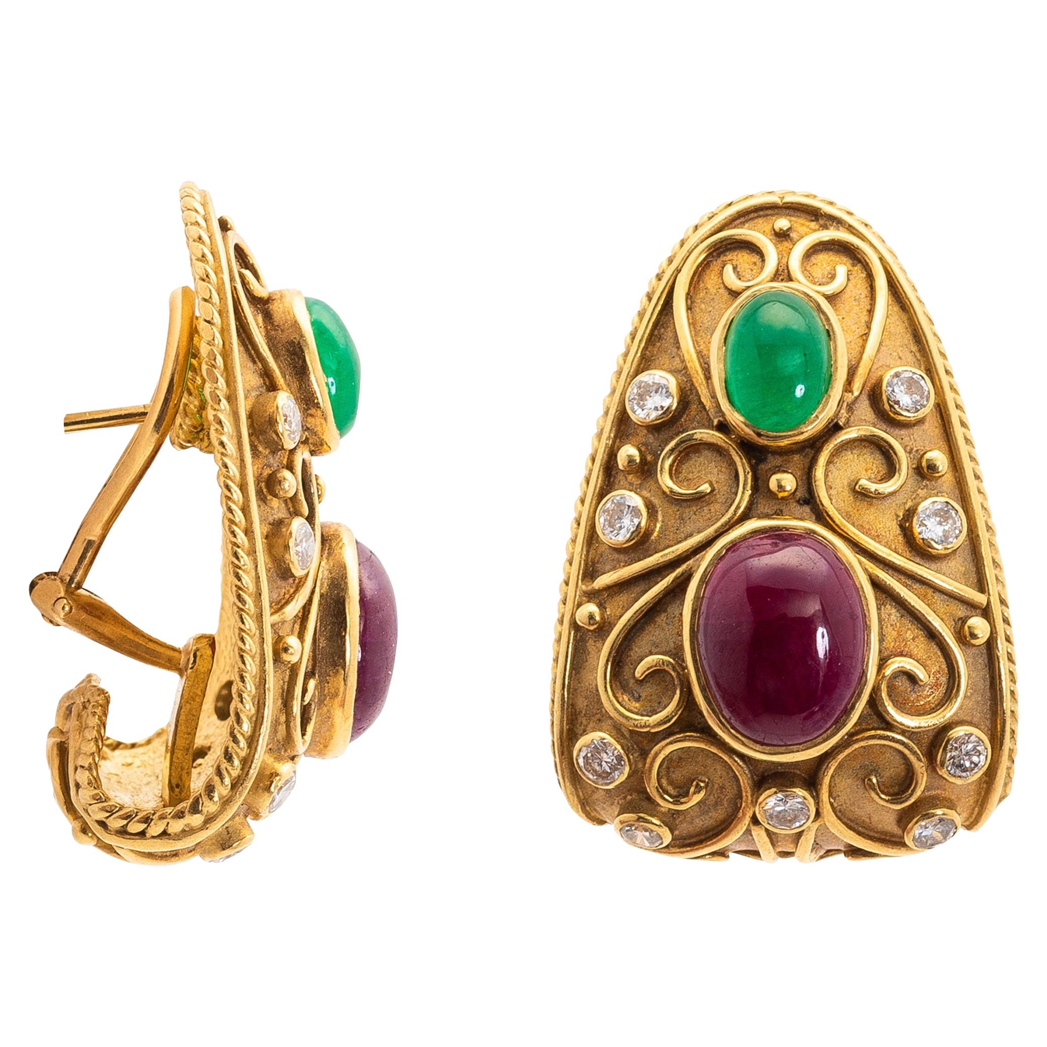 Pair of Gold, Cabochon Ruby, Emerald and Diamond Earrings