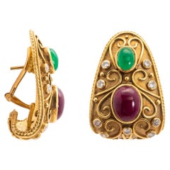 Vintage Pair of Gold, Cabochon Ruby, Emerald and Diamond Earrings