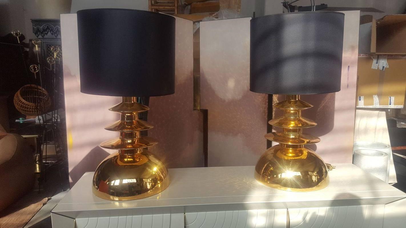 Italian Pair of Gold Ceramic Lamps, circa 1970, Italy