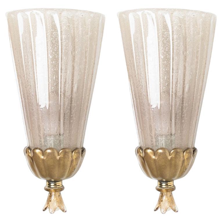 Pair of Gold Chalice Glass and Brass Wall Light Barovier, 1960