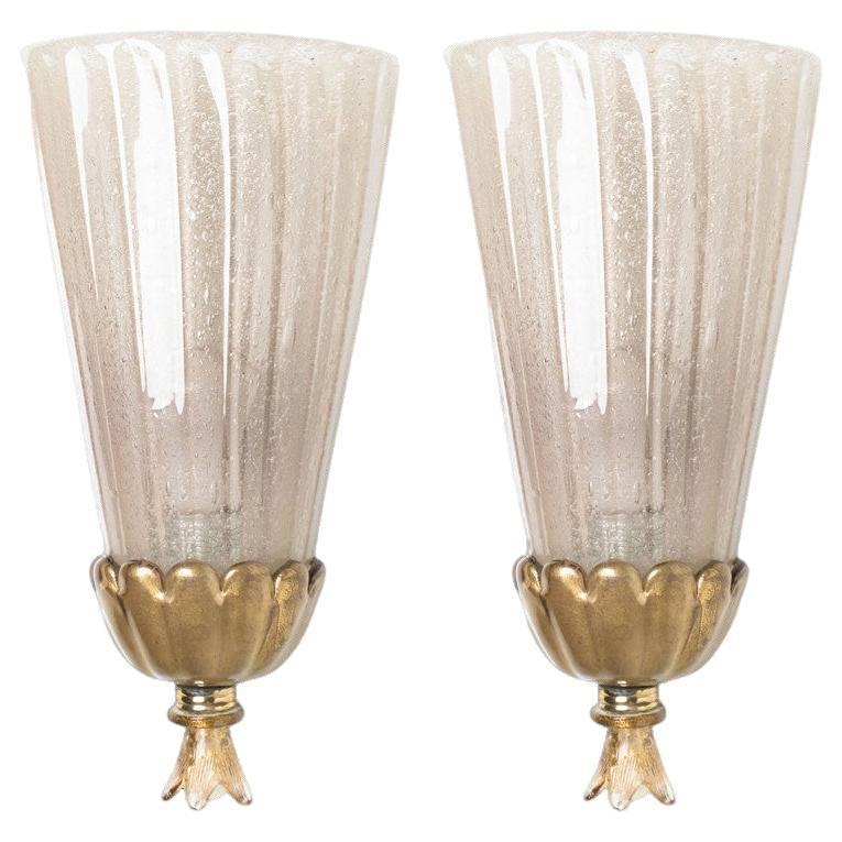 Pair of Gold Chalice Glass and Brass Wall Light Barovier, 1960