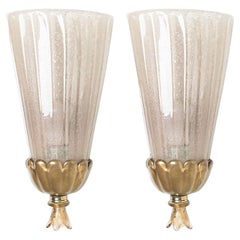 Vintage Pair of Gold Chalice Glass and Brass Wall Light Barovier, 1960