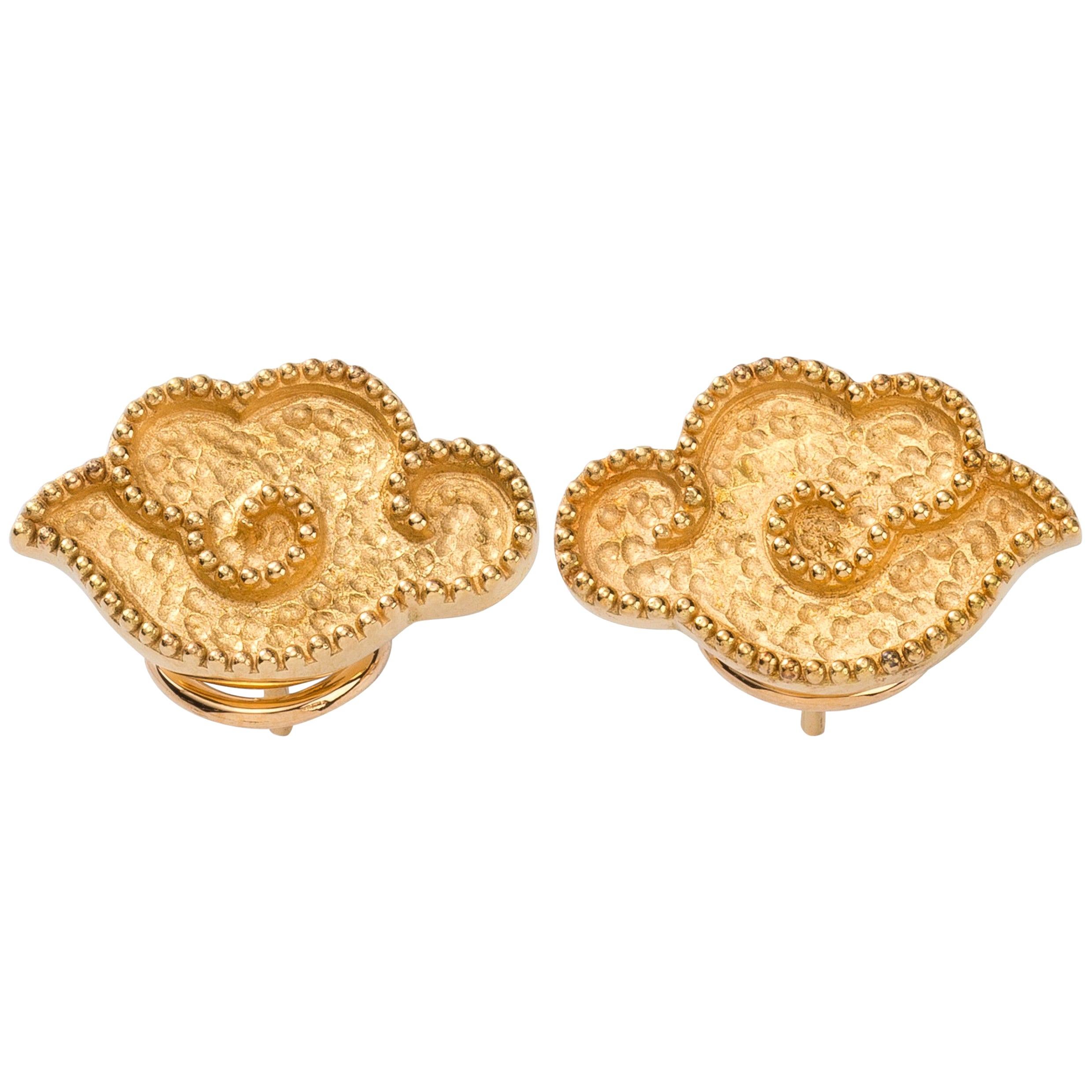 Pair of Gold Chinoiserie Earrings with Hand-Hammered Cloud Motif