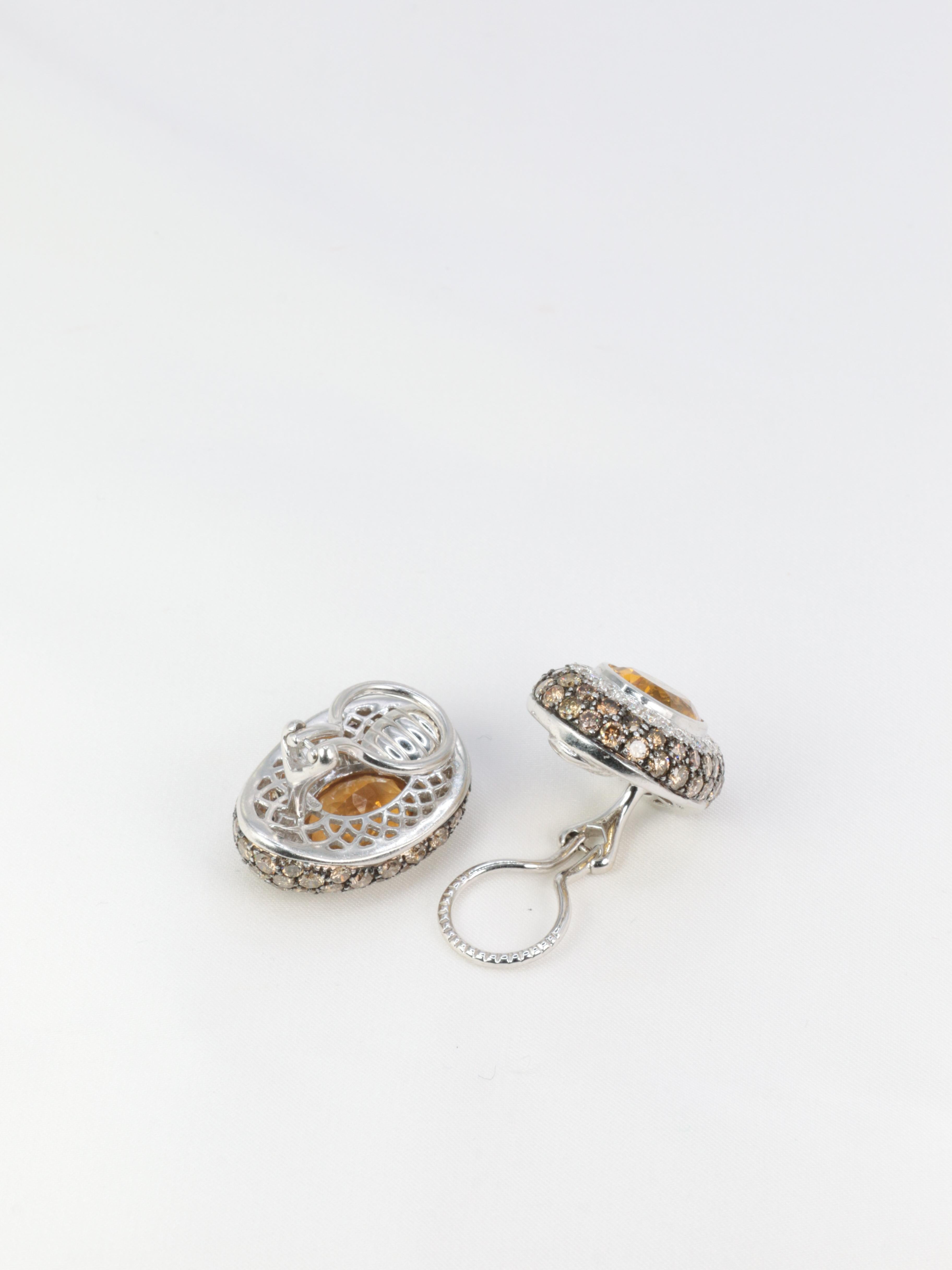 Pair of Gold, Citrines, White and Champagne Diamonds Earrings For Sale 1