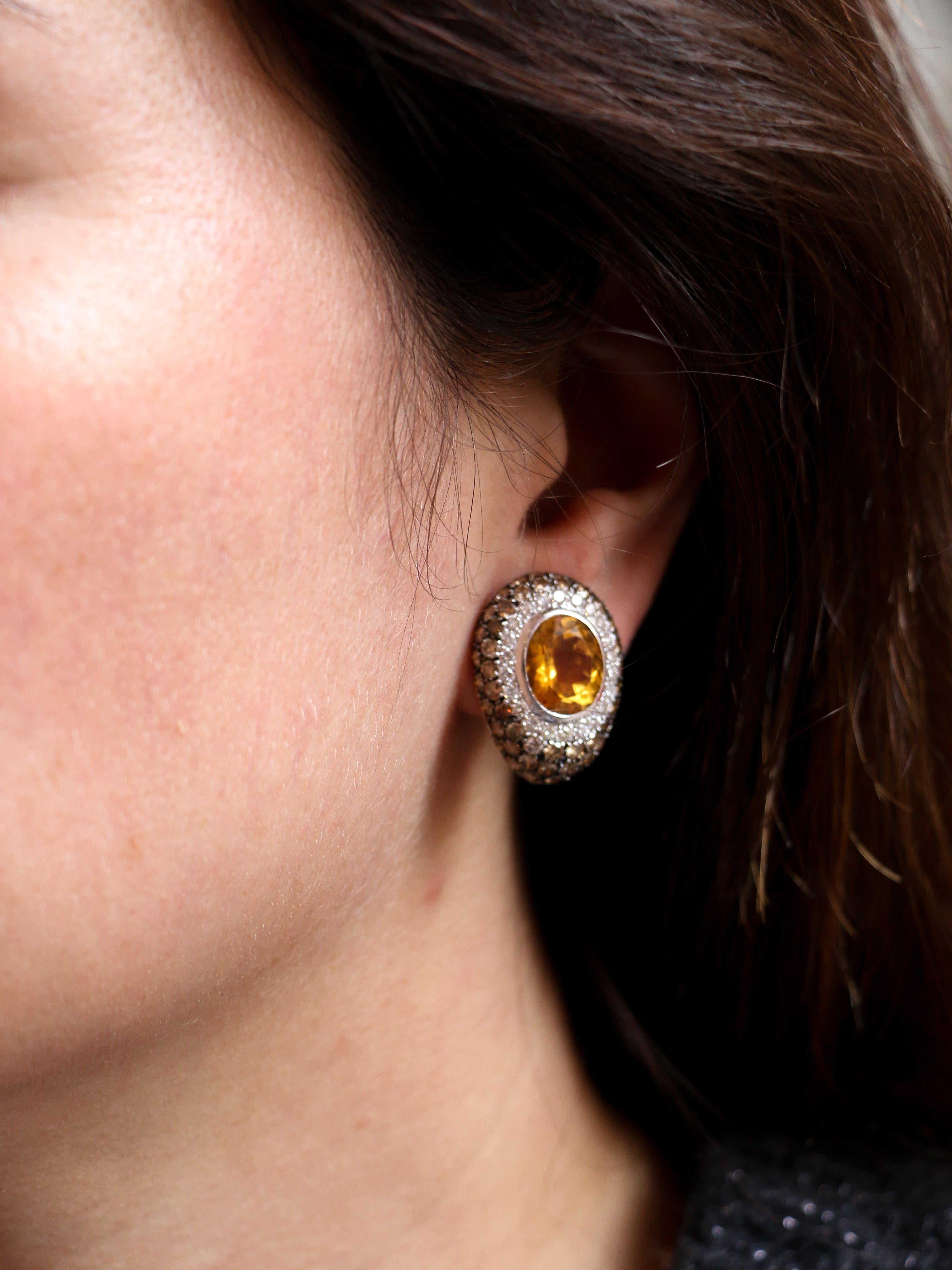 Pair of Gold, Citrines, White and Champagne Diamonds Earrings For Sale 5