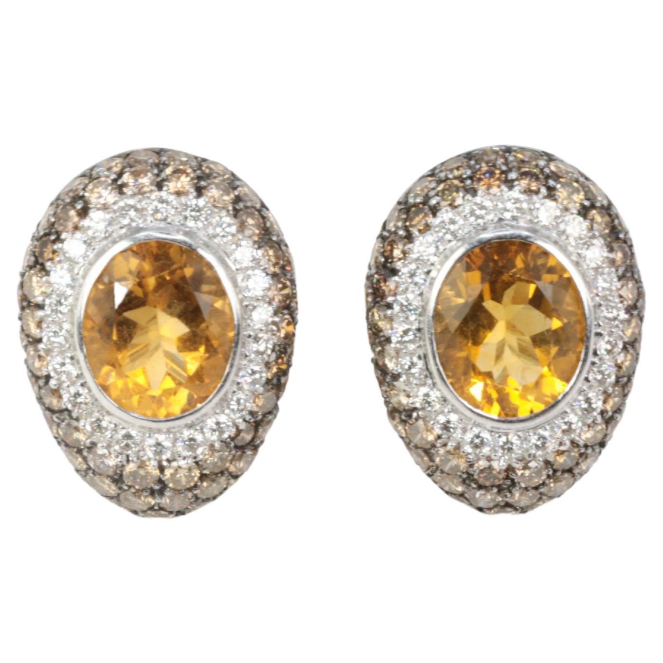 Pair of Gold, Citrines, White and Champagne Diamonds Earrings For Sale