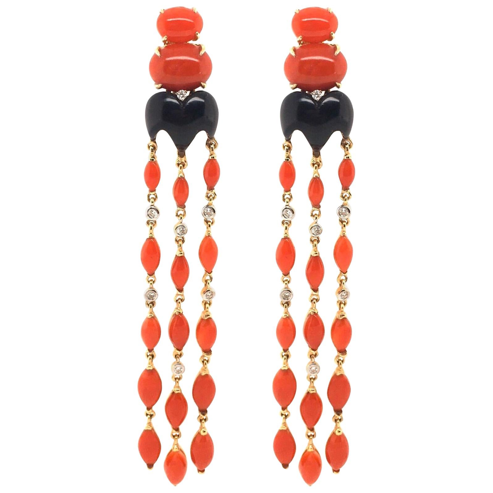 Pair of Gold, Coral, Black Onyx and Diamond Dangling Earrings