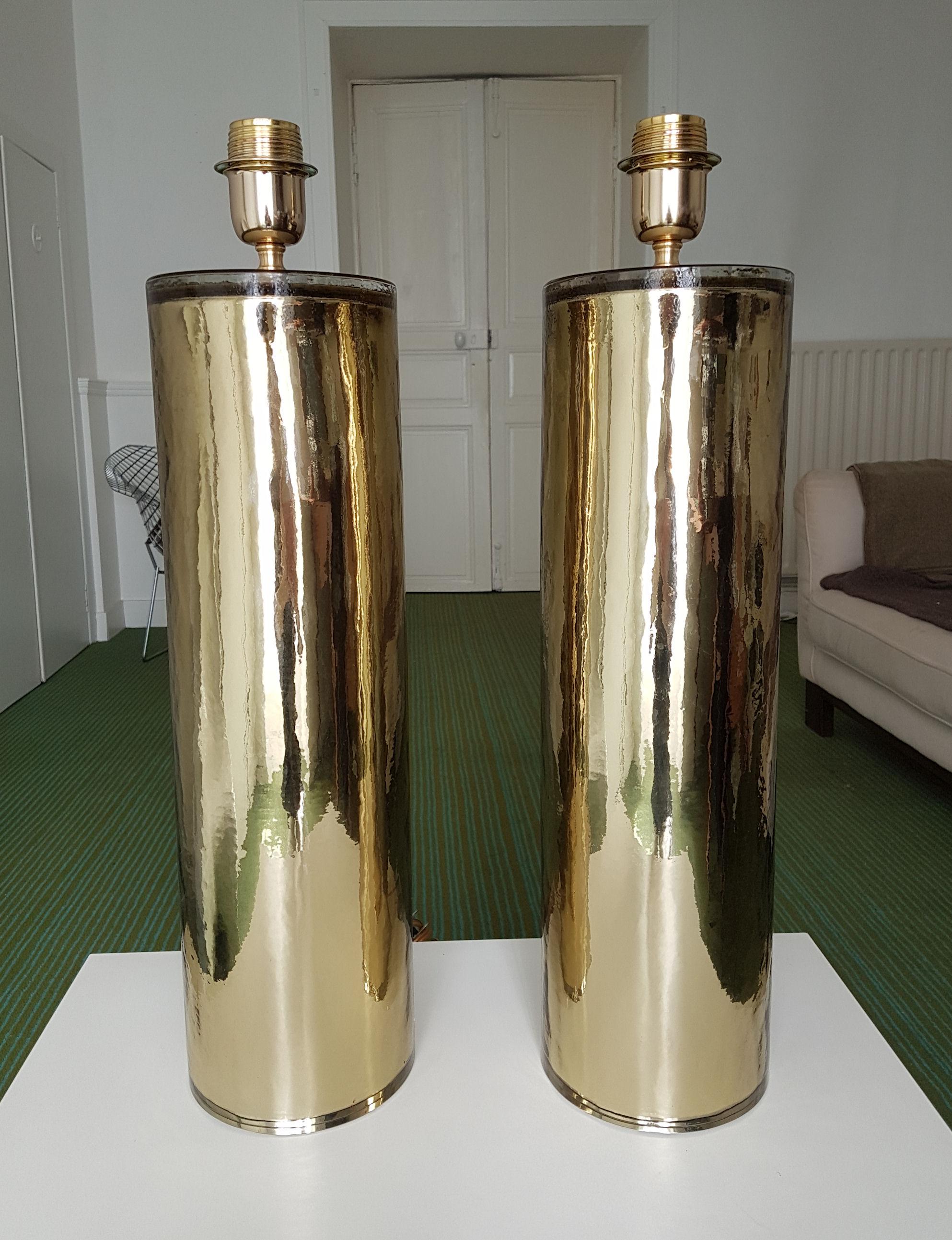 Italian Pair of Gold Cylinder Murano Glass Lamps, Mid-Century Modern, Venini Style 1970s