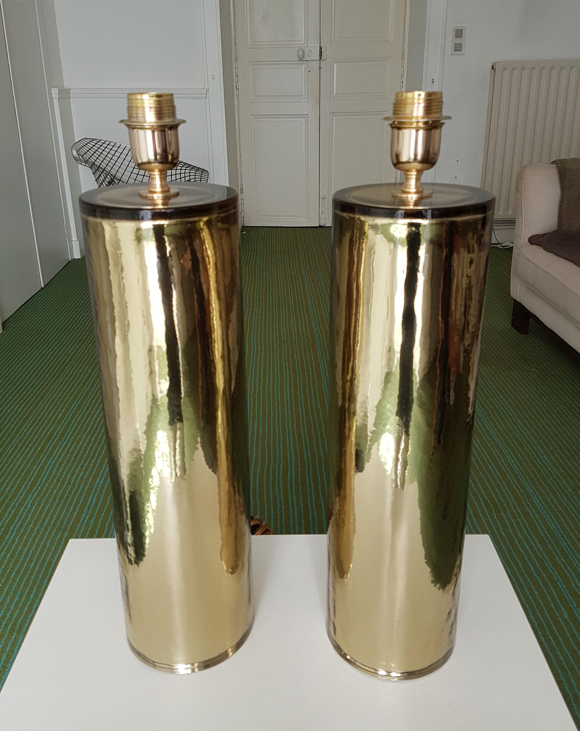 Pair of Gold Cylinder Murano Glass Lamps, Mid-Century Modern, Venini Style 1970s In Excellent Condition In Dallas, TX