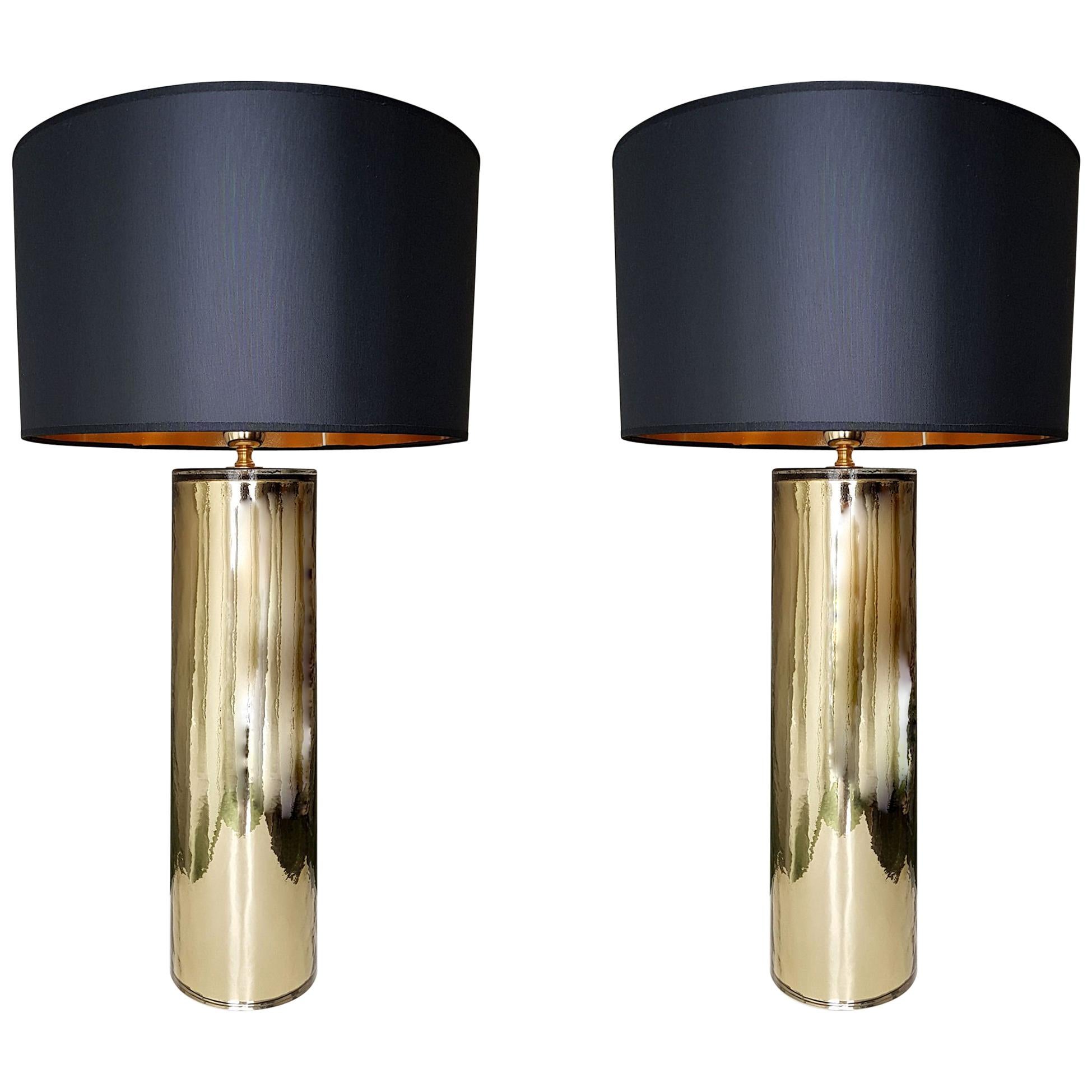 Pair of Gold Cylinder Murano Glass Lamps, Mid-Century Modern, Venini Style 1970s
