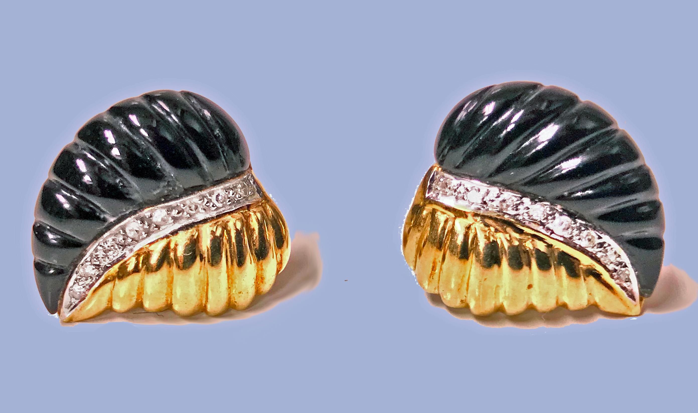 Women's Pair of Gold Diamond Onyx Leaf Earrings