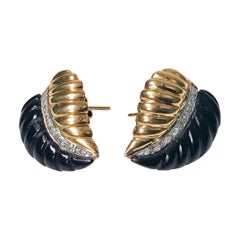Pair of Gold Diamond Onyx Leaf Earrings
