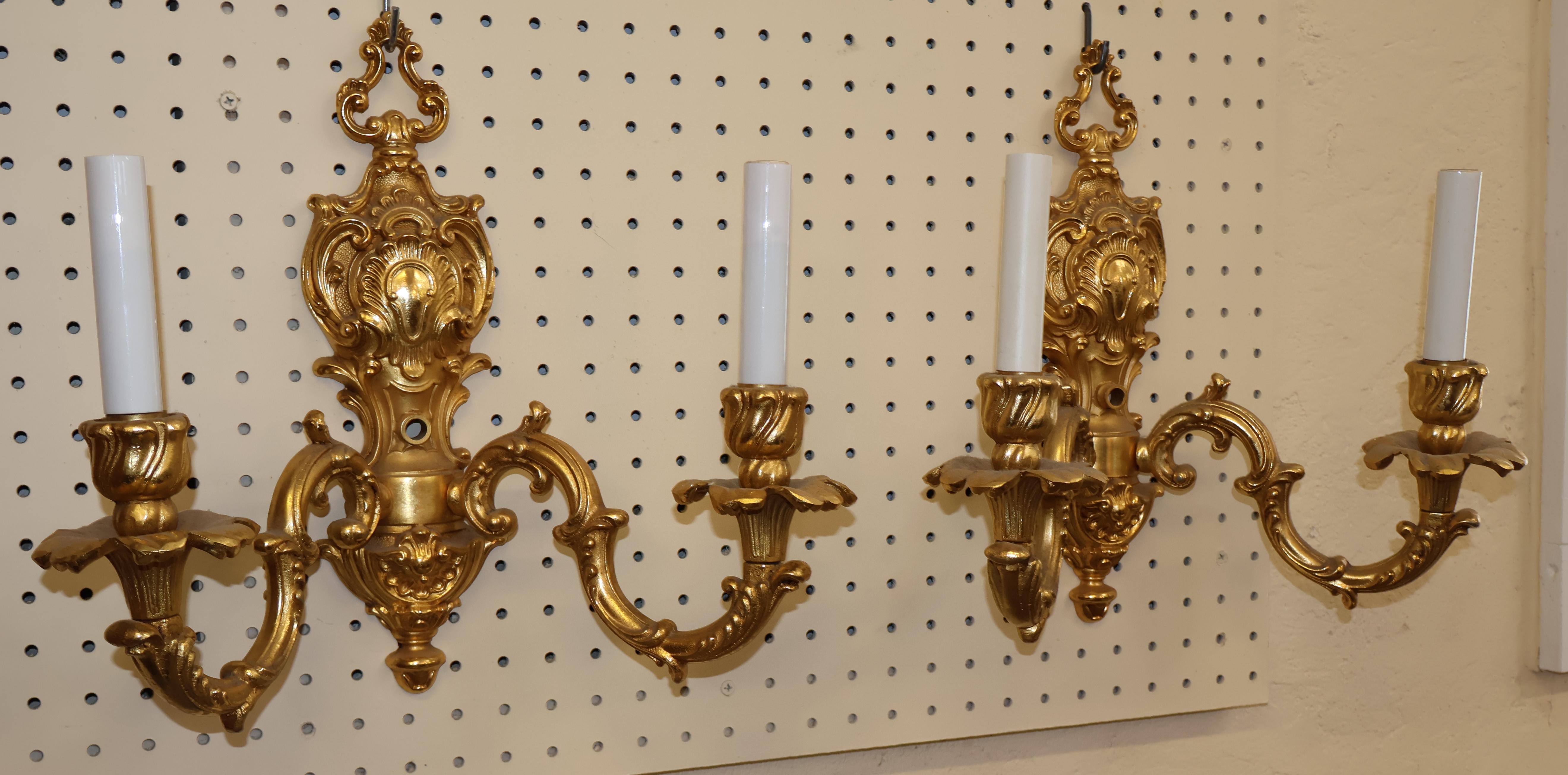 Rococo Pair of Gold Dore Bronze Two Light Sconces By FBAI For Sale