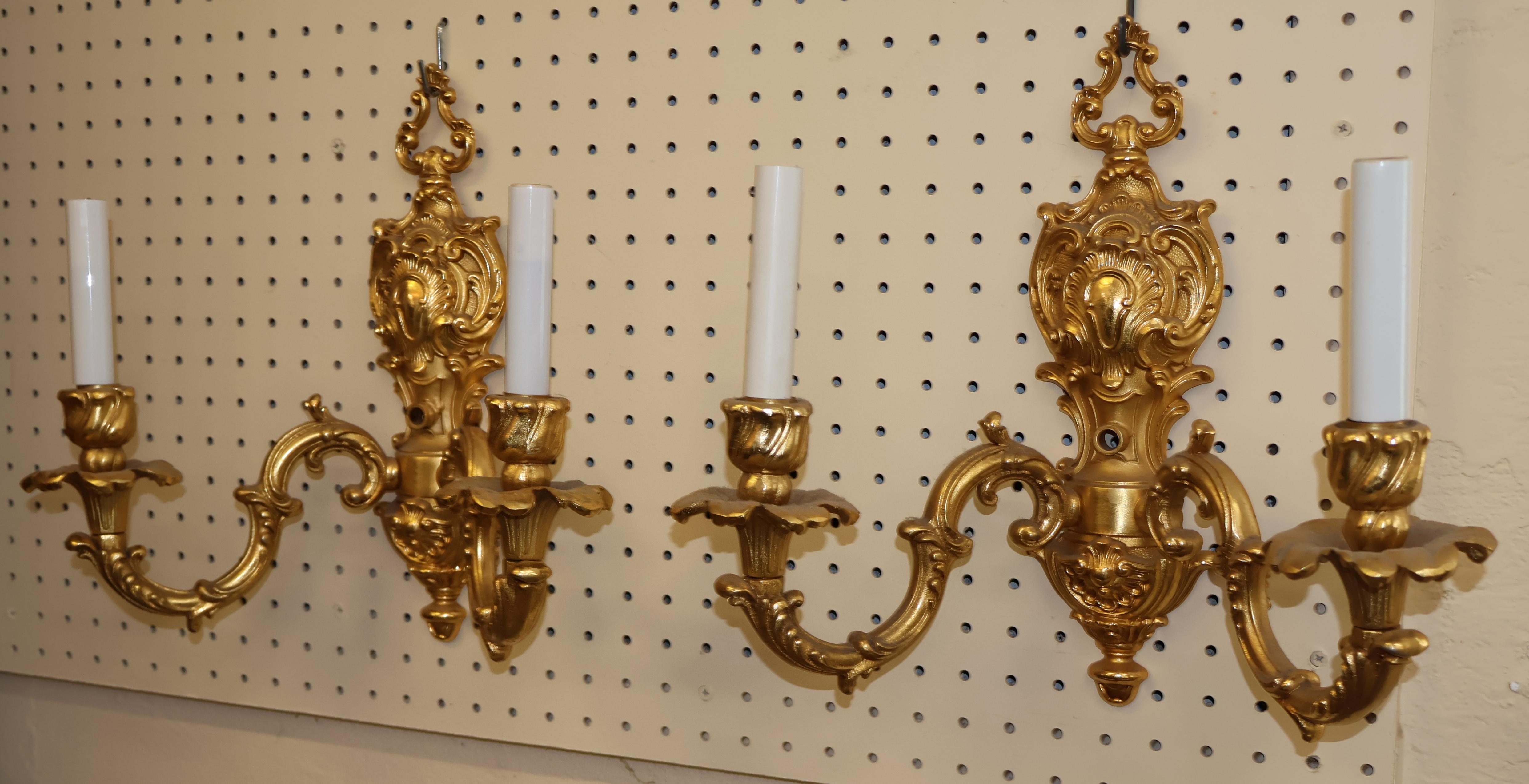 Italian Pair of Gold Dore Bronze Two Light Sconces By FBAI For Sale