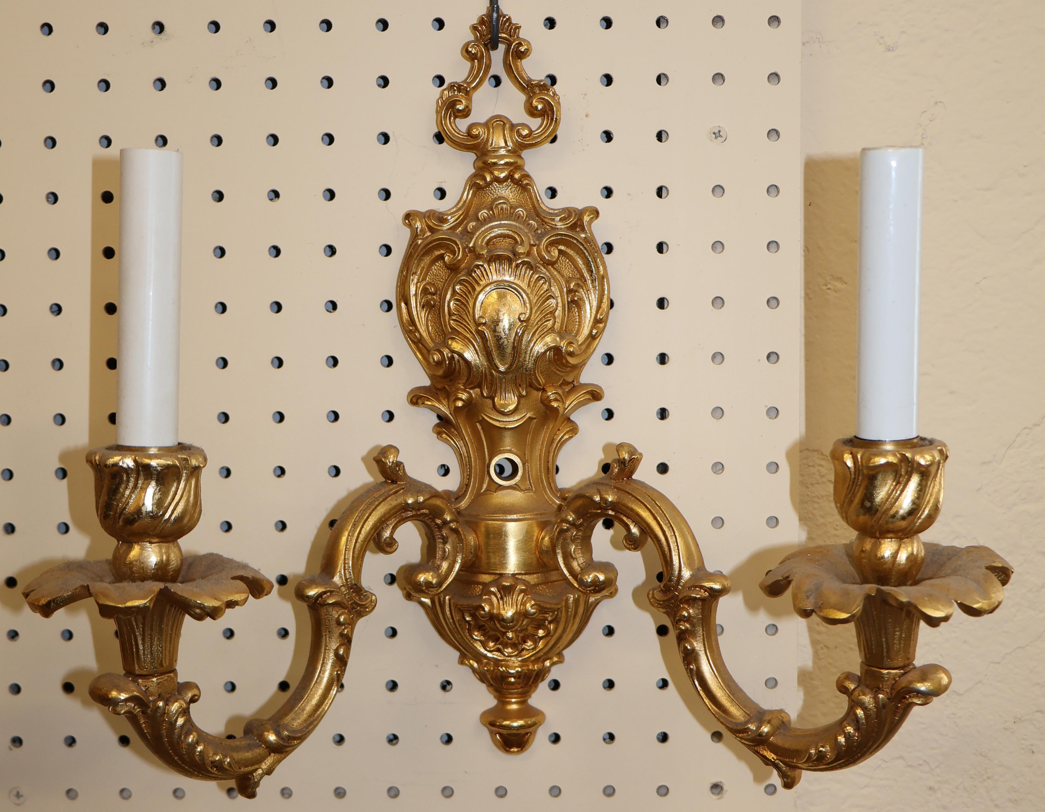 Pair of Gold Dore Bronze Two Light Sconces By FBAI In Good Condition For Sale In Long Branch, NJ