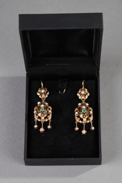 Pair of Gold, Enamel, Pearl, and Emerald Earrings