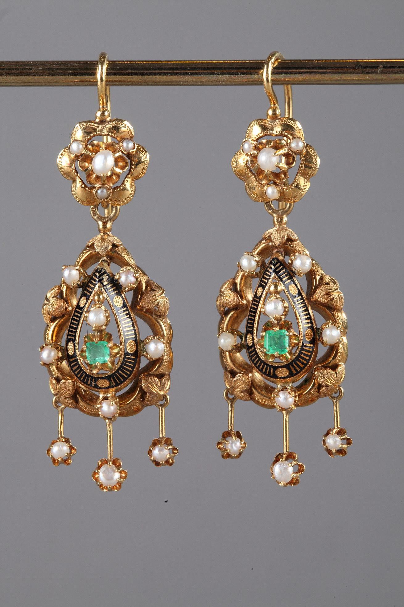 Napoleon III Pair of Gold, Enamel, Pearl, and Emerald Earrings For Sale