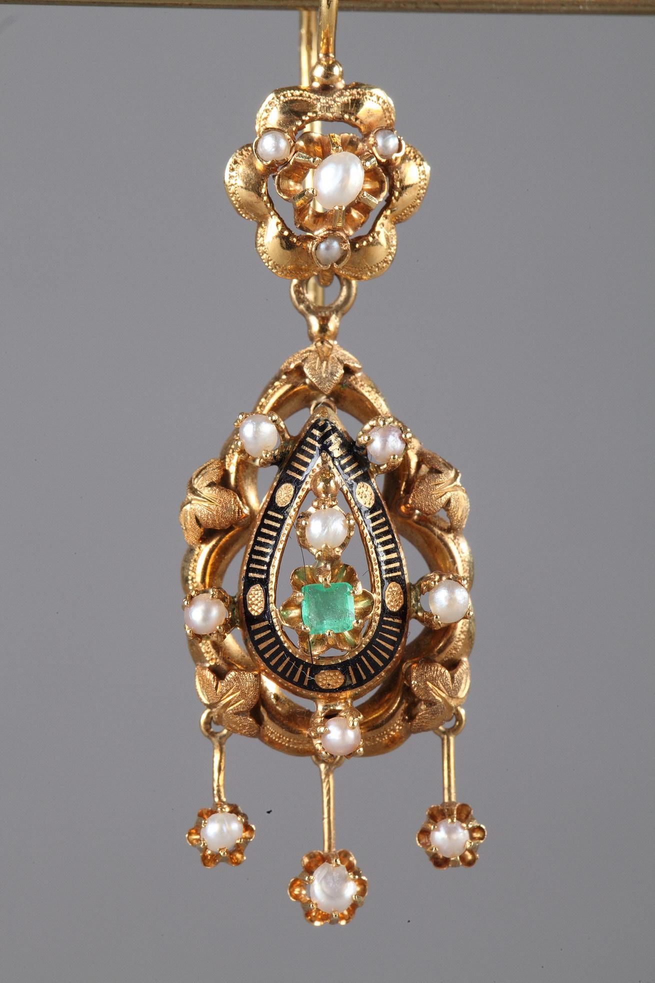 Emerald Cut Pair of Gold, Enamel, Pearl, and Emerald Earrings For Sale
