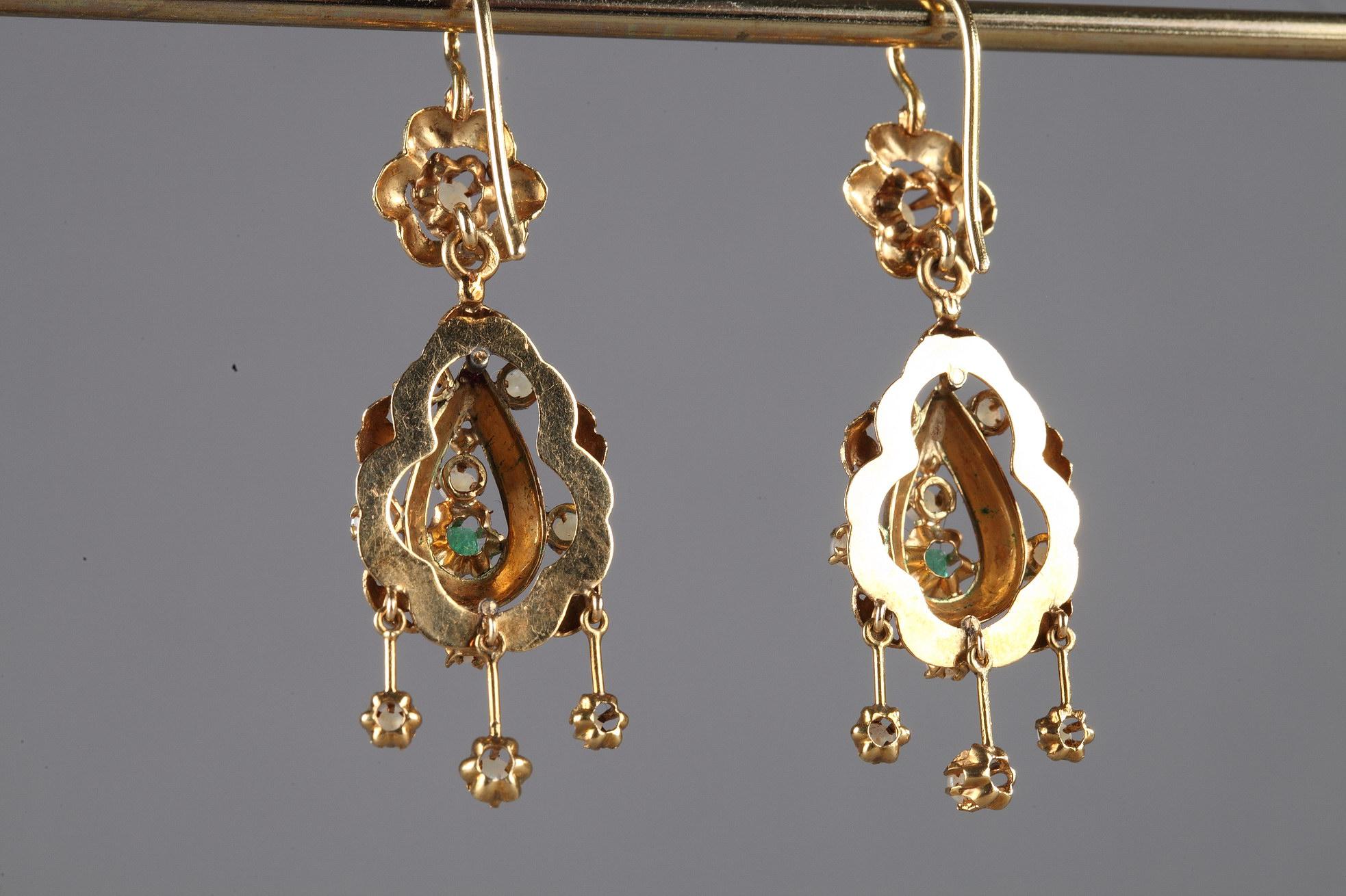 Women's or Men's Pair of Gold, Enamel, Pearl, and Emerald Earrings For Sale