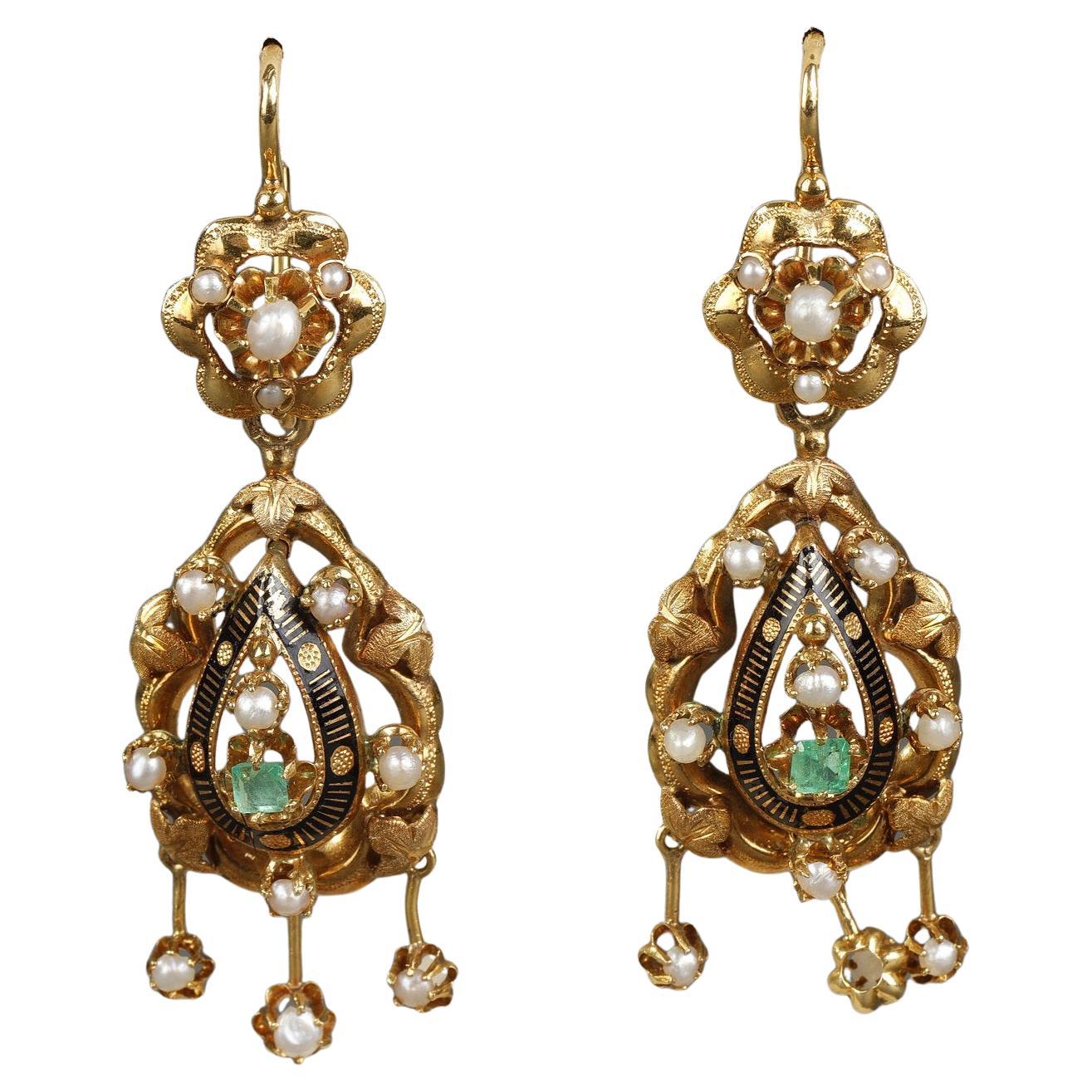 Pair of Gold, Enamel, Pearl, and Emerald Earrings For Sale