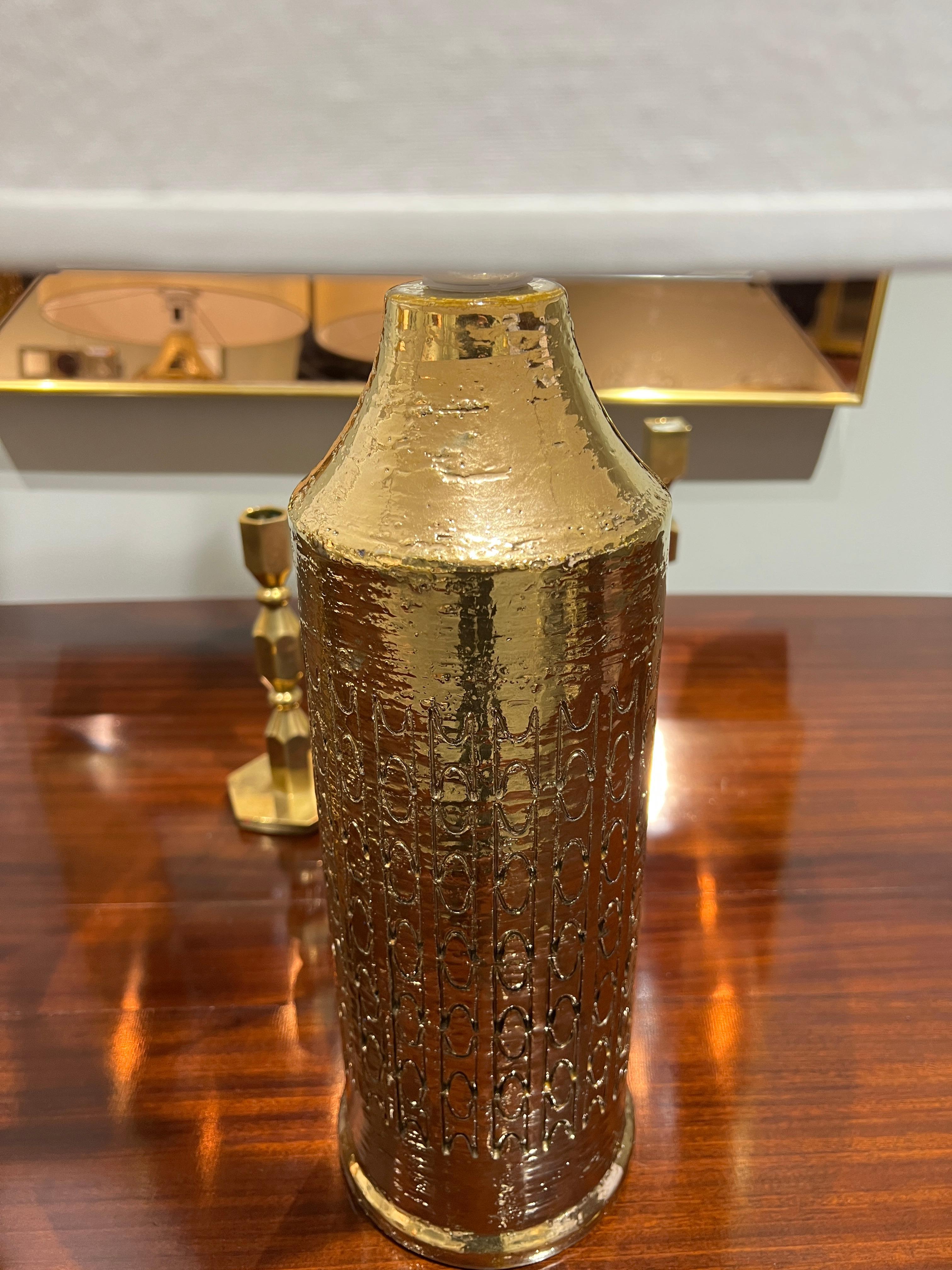 Italian Pair of Gold Enameled Ceramic Lamps Bitossi for Bergboms, Circa 1970 For Sale